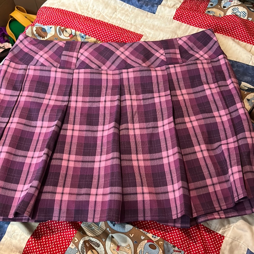 purple and pink plaid mini skirt